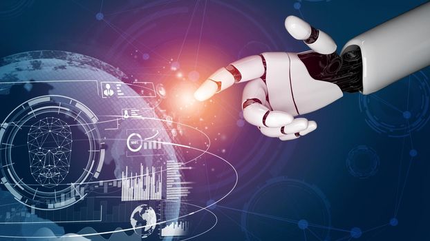 Futuristic robot artificial intelligence revolutionary AI technology development and machine learning concept. Global robotic bionic science research for future of human life. 3D rendering graphic.