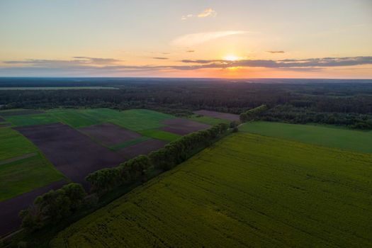 Calm rural scene of setting sun, drone view