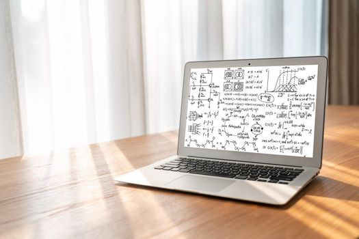 Mathematic equations and modish formula on computer screen showing concept of science and education