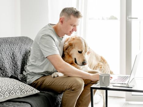 A young man works at a computer with his dog in a bright living room.