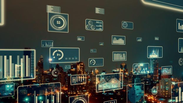 Business data analytic interface fly over smart city showing alteration future of business intelligence. Computer software and artificial intelligence are used to analyze big data for strategic plan .