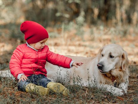 Little girl child with golden retriever dog sitting on the ground in the forest at autumn. Female kid with cute doggie pet outdoors