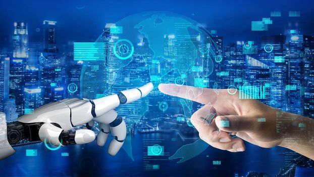 Futuristic robot artificial intelligence revolutionary AI technology development and machine learning concept. Global robotic bionic science research for future of human life. 3D rendering graphic.