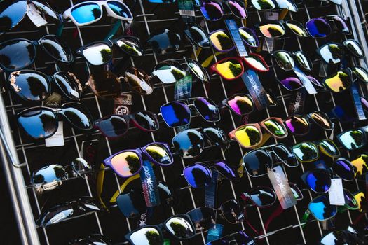 Sopot / Croatia - August 3 2019: A selection of sunglasses on display on a market stand