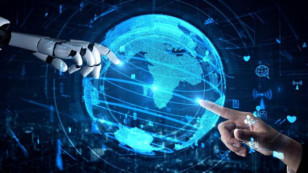 Futuristic robot artificial intelligence enlightening AI technology development and machine learning concept. Global robotic bionic science research for future of human life. 3D rendering graphic.