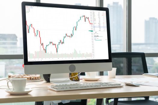 Stock market data chart analysis by ingenious computer software . Investment application display stock market chart on the computer screen and advise trading decision .