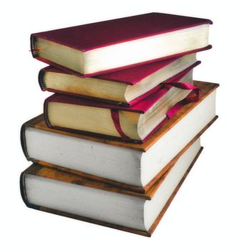 Old books of varying sizes and colors stacked in a pile isolated against a white background