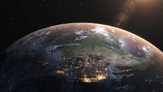 Planet earth with realistic geography surface and orbital 3D cloud atmosphere . Outer space view of world globe sphere of continents . 3D rendering graphic . Elements of this image furnished by NASA .