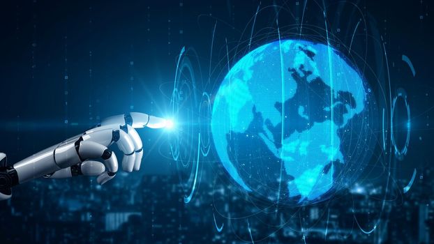 Futuristic robot artificial intelligence enlightening AI technology development and machine learning concept. Global robotic bionic science research for future of human life. 3D rendering graphic.