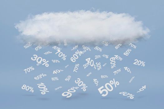 Rain of percentage symbols. Discounts of different sizes fall from a 3d cloud on a blue background. Sale concept, big discounts, black friday