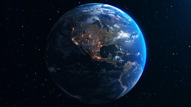 Planet earth with realistic geography surface and orbital 3D cloud atmosphere . Outer space view of world globe sphere of continents . 3D rendering graphic . Elements of this image furnished by NASA .