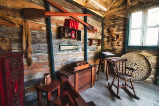 Popeye Village / Malta - 21 September 2020: Interior of old wooden fisherman's beach hut with antique furniture