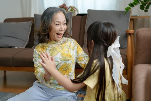 Asian portrait, grandma and granddaughter doing leisure activities and hugging to show their love and care for each other.