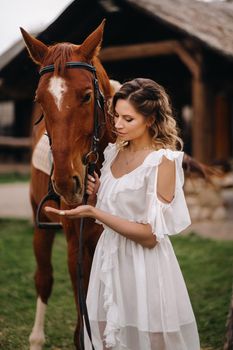 Beautiful girl in a white sundress next to a horse on an old ranch.