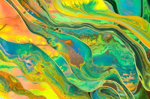 Gold dust and waves with fluorescent inks background. Ocean style marble template