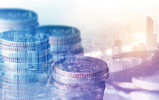 Finance and money technology background concept of business prosperity and asset management . Creative graphic show economy and financial growth by investment in valuable asset to gain wealth profit .