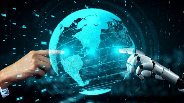 Futuristic robot artificial intelligence enlightening AI technology development and machine learning concept. Global robotic bionic science research for future of human life. 3D rendering graphic.