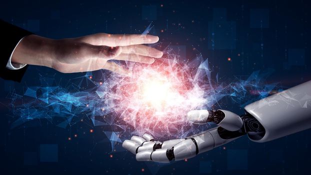 Futuristic robot artificial intelligence enlightening AI technology development and machine learning concept. Global robotic bionic science research for future of human life. 3D rendering graphic.