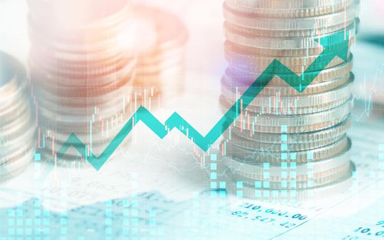 Finance and money technology background concept of business prosperity and asset management . Creative graphic show economy and financial growth by investment in valuable asset to gain wealth profit .