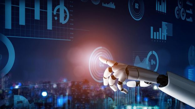 Futuristic robot artificial intelligence revolutionary AI technology development and machine learning concept. Global robotic bionic science research for future of human life. 3D rendering graphic.