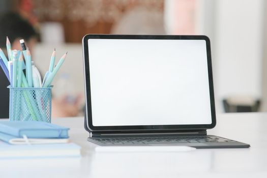 Mockup of laptop and blank laptop screen mockup on desk. 3D rendering