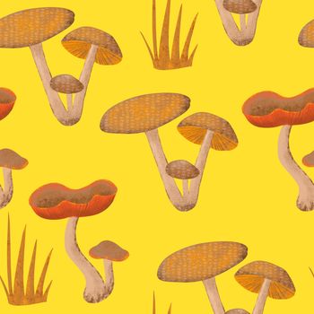 Hand drawn seamless pattern with fall autumn mushrooms fungi, wild nature background. Thanksgiving forest wood woodland fabric print in orange red yellow. For textile wallpaper