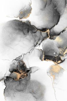 Black gold abstract background of marble liquid ink art painting on paper . Image of original artwork watercolor alcohol ink paint on high quality paper texture .