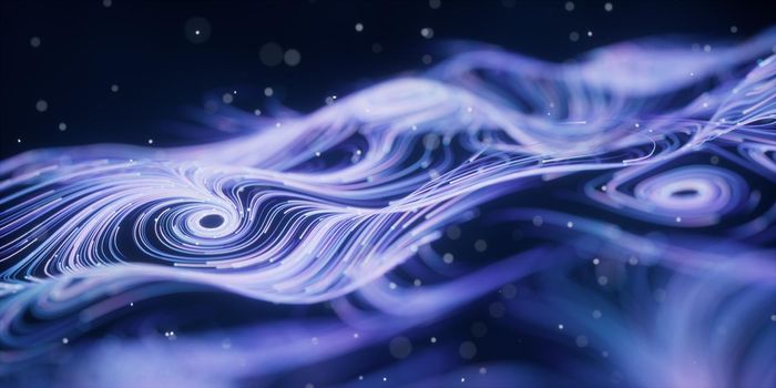 Wave particles lines with swirling pattern, 3d rendering. Computer digital drawing.