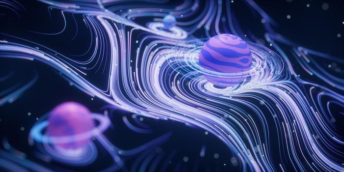 Outer space planet with wave pattern background, 3d rendering. Computer digital drawing.