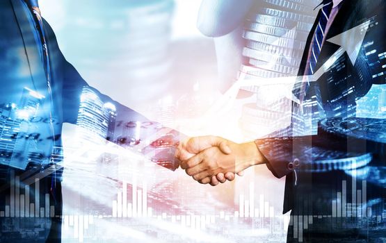 Business handshake on finance prosperity and money technology asset background . Economy and financial growth by investment in valuable stock market to gain wealth profit form currency trading