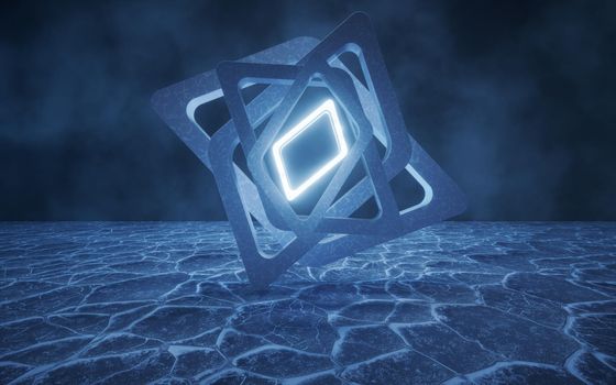 Geometrical frame with ice ground surface, 3d rendering. Computer digital drawing.