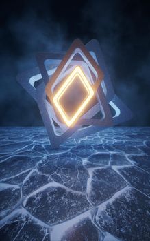 Geometrical frame with ice ground surface, 3d rendering. Computer digital drawing.