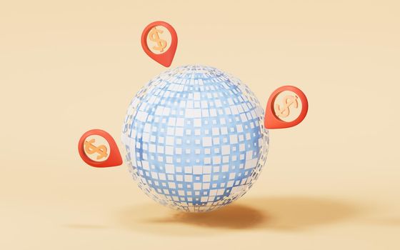Digital data sphere with money mark, 3d rendering. Computer digital drawing.