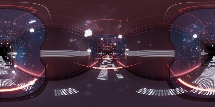 Digital cyberspace, sci-fi concept tunnel, 3d rendering. 360-degree seamless panoramic view. Computer digital drawing.