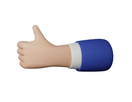 3D Cartoon businessman character hand with up thumb isolated on white background. Hand gesture friendly funny style. 3d rendering.