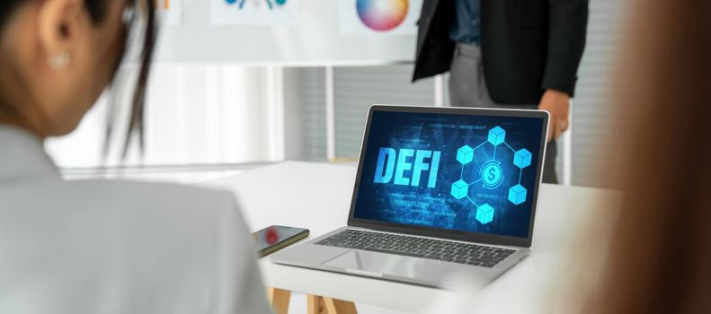 Decentralized finance or DeFi concept on modish computer screen . The defi system give new choice of investment and money saving .