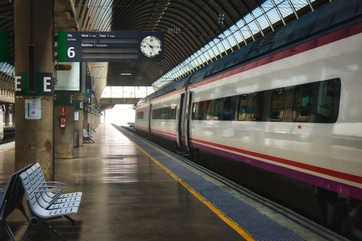 Seville / Spain - August 22 2019: View of a train in the station from the side of the platform