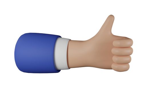 3D Cartoon businessman character hand with up thumb isolated on white background. Hand gesture friendly funny style. 3d rendering.