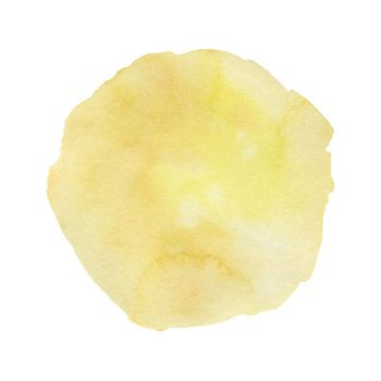Abstract yellow watercolor hand painted texture isolated on white background. Round empty template