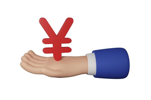 3D Cartoon businessman character hand holds a yen sign isolated on white background. Hand gesture friendly funny style. 3d rendering.