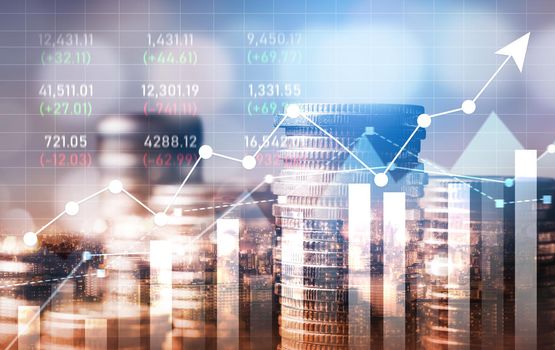 Finance and money technology background concept of business prosperity and asset management . Creative graphic show economy and financial growth by investment in valuable asset to gain wealth profit .