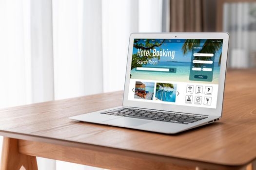 Online hotel accommodation booking website provide modish reservation system . Travel technology concept .