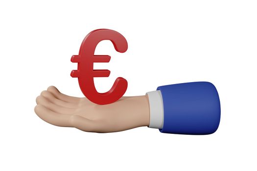 3D Cartoon businessman character hand holds a euro sign isolated on white background. Hand gesture friendly funny style. 3d rendering.