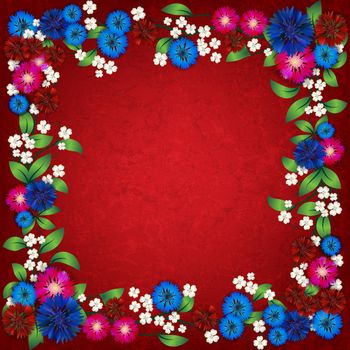 abstract floral ornament width cornflowers on red background