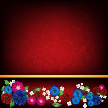abstract floral ornament with cornflowers on grunge red background