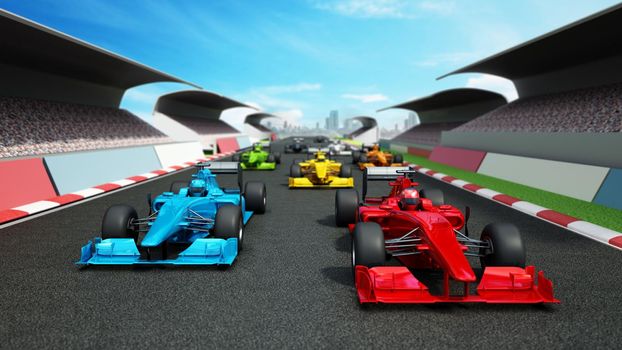 Brandless racing cars on the race track. 3D illustration.