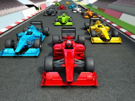 Brandless racing cars on the race track. 3D illustration.