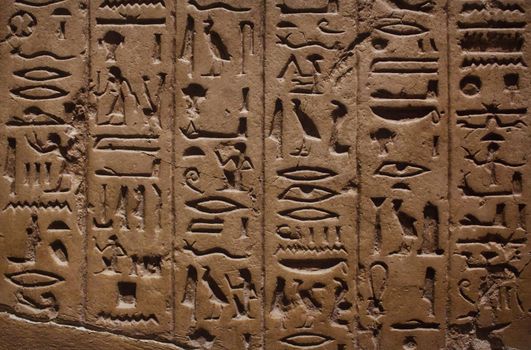 Ancient Egyptian hieroglyphics carved on a stone wall