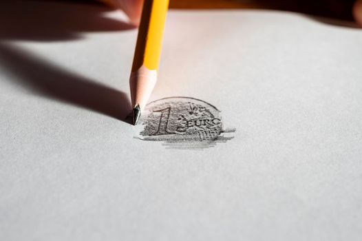 Retrace Euro coin with pencil on a white paper. Conceptual video about money and savings.