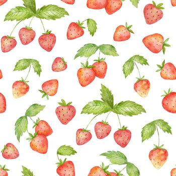 Watercolor seamless pattern with cute strawberry and green leaf. Stylized drawing illustration of summer berry isolated on white